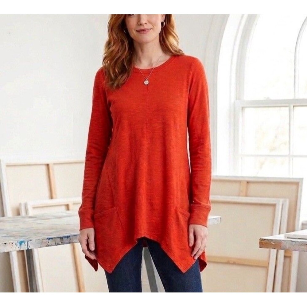 Logo Lori Rust Orange S Asymmetrical Hem Tunic Top - Long Sleeve with Pockets" - Picture 1 of 13